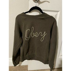 OBEY Text Super Soft Vintage Sweater Women's XS Olive Green Long Sleeve